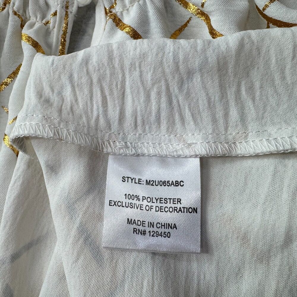 Como Black Ladies Sz S Blouse White Gold Print ruched round neck keyhole - Picture 6 of 7